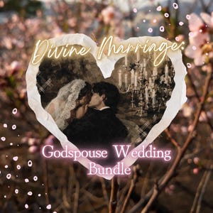 May include: A heart-shaped graphic featuring a couple kissing, with the person on the left wearing a white lace veil. A tall silver candelabra with lit candles stands behind them. The text reads Divine Marriage: Godspouse Wedding Bundle.