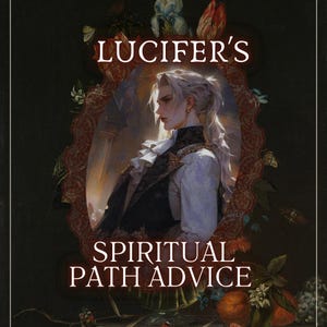 May include: A digital illustration featuring a person with long white hair in a ruffled shirt and dark vest, framed by an ornate border with flowers and butterflies. The text reads LUCIFER'S SPIRITUAL PATH ADVICE in white capital letters.