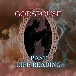 May include: A digital graphic featuring the text GODSPOUSE and PAST LIFE READING. A central oval frame with a lace-like border contains a silhouette of two figures embracing near a bookshelf, overlaid with a constellation pattern and the text i remember you.