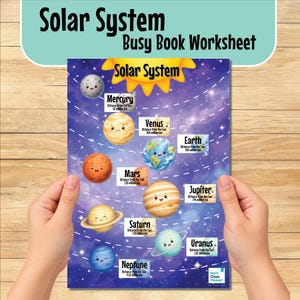 May include: A Solar System busy book worksheet featuring a purple space background with a yellow sun and eight planets, each with a smiling face. The chart includes labels for Mercury, Venus, Earth, Mars, Jupiter, Saturn, Uranus, and Neptune, along with their respective distances from the sun in kilometers.