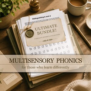 May include: A stack of phonics worksheets and workbooks with the text "ULTIMATE BUNDLE!" and "MULTISENSORY PHONICS for those who learn differently." The worksheets have the letters b and d printed on them. A cup of coffee and a pen are also visible.
