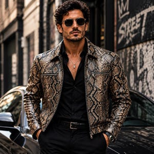 Men's Genuine Leather Python Snakeskin Jacket Luxury Motorcycle Biker Coat Streetwear.