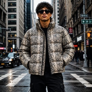 Men’s Snakeskin Puffer Jacket Python Print Winter Coat Luxury Streetwear.