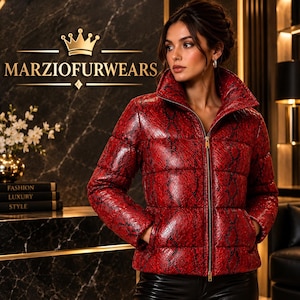 Jaqueta puffer de couro com estampa de cobra de luxo, casaco de inverno feminino marcante, jaqueta com zíper e gola alta