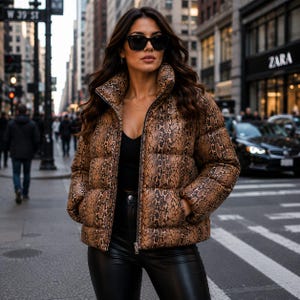Women’s Python Puffer Jacket, Snakeskin Quilted Winter Puffer Jacket, Trendy Streetwear.