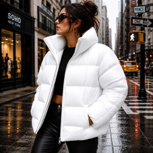 White Quilted Puffer Jacket, Oversized Winter Streetwear Coat