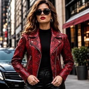 Damesjas van pythonleer, bikerjas met slangenprint, stijlvolle motorjas, luxe mode