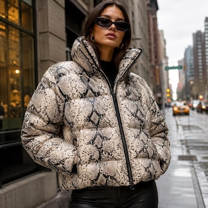 Women’s Snakeskin Print Puffer Jacket – Bold Streetwear Fashion