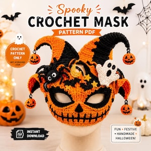 Halloween Crochet Mask Pattern PDF Jester Pumpkin Face Mask Amigurumi Costume