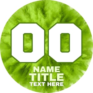 May include: A circular graphic design featuring a vibrant lime green powder explosion background. Two large white numbers 00 with dark green outlines are centered. Below the numbers, the text NAME, TITLE, and TEXT HERE appears in white.