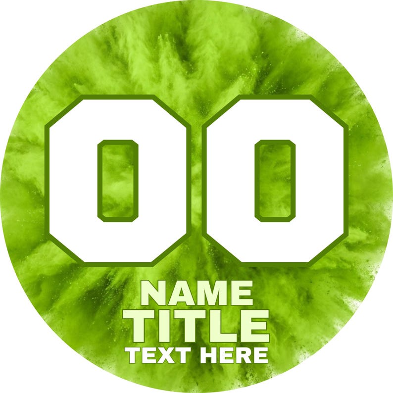 May include: A circular graphic design featuring a vibrant lime green powder explosion background. Two large white numbers 00 with dark green outlines are centered. Below the numbers, the text NAME, TITLE, and TEXT HERE appears in white.