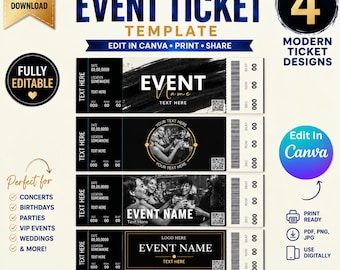 May include: A set of four editable event ticket templates featuring black and white designs with placeholders for event names, dates, locations, and text. Each ticket includes a barcode, seat information, and customizable sections for photos or logos.
