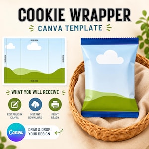 May include: A digital cookie wrapper Canva template featuring a blue sky with white clouds and green hills. The design includes a flat layout with marked glue areas and a finished wrapper mockup. Text includes COOKIE WRAPPER, CANVA TEMPLATE, WHAT YOU WILL RECEIVE, EDITABLE IN CANVA, INSTANT DOWNLOAD, PRINT READY, and DRAG & DROP YOUR DESIGN.