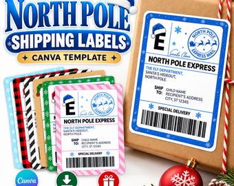 Christmas Shipping Labels Canva Template | Editable Santa Mail Stickers | North Pole Express