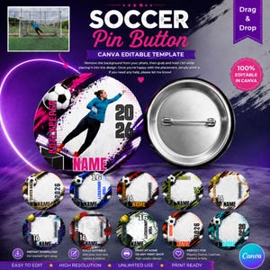 May include: A circular soccer pin button template featuring a goalkeeper graphic, the text GOALKEEPER, NAME, and 2026. The design includes a metal pin back and multiple customizable circular templates with placeholders for names, numbers, and years.