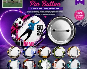 May include: A circular soccer pin button template featuring a goalkeeper graphic, the text GOALKEEPER, NAME, and 2026. The design includes a metal pin back and multiple customizable circular templates with placeholders for names, numbers, and years.
