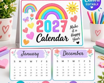 2027 Desk Calendar Template | Editable Canva Monthly Planner | Rainbow Desk Calendar