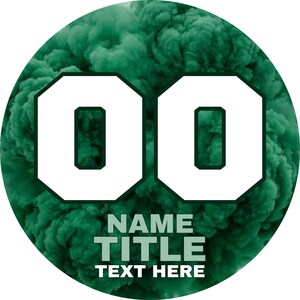 May include: A circular graphic featuring a dark green smoke background with the large white numbers 00 centered. Below the numbers, the text NAME, TITLE, and TEXT HERE is printed in a bold, sans-serif white font, creating a clear, layered design.
