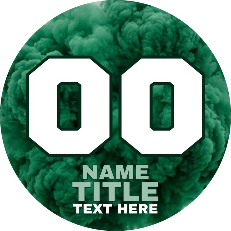 May include: A circular graphic featuring a dark green smoke background with the large white numbers 00 centered. Below the numbers, the text NAME, TITLE, and TEXT HERE is printed in a bold, sans-serif white font, creating a clear, layered design.