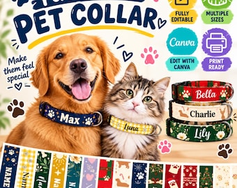Pode incluir: Um golden retriever e um gato malhado usam coleiras personalizadas para animais de estimação com os nomes Max e Luna. A imagem inclui texto como Personalized Pet Collar, Fully Editable, Multiple Sizes, Canva e Print Ready, com vários designs.