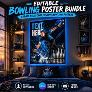 Può includere: Un pacchetto di poster da bowling modificabili con una grafica digitale di un giocatore che lancia una palla con effetti di schizzi d'acqua. Il poster include il testo "EDITABLE BOWLING POSTER BUNDLE" e "CREATE YOUR OWN CUSTOM BOWLING POSTERS" con un logo Canva.