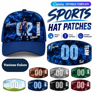 May include: A blue baseball cap featuring a basketball player graphic, the text Marcus, Thunder, and Wildcats, and the number 02. Below are several oval-shaped hat patches in various colors, each displaying the text Name, Team, and the number 00.