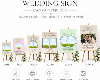 May include: A collection of six personalized wedding sign templates displayed on wooden easels, ranging from 12x16 to 24x36 inches. The signs feature various layouts for photos and text, including the phrase Life Partners and names like Emma & William, with icons for download and editing.