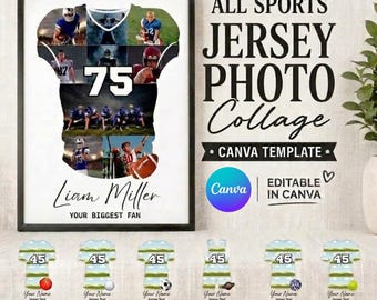 May include: A framed digital collage template shaped like a sports jersey, featuring multiple action photos of athletes, the number 75, and the text Liam Miller Your Biggest Fan. Below are six smaller jersey icons with the number 45 and sports balls.