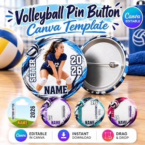May include: A circular volleyball pin button template featuring a blue and white graphic design with the text Volleyball Pin Button Canva Template. The design includes a photo of a volleyball player, the text SETTER, NAME, and 2026.