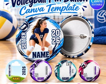 May include: A circular volleyball pin button template featuring a blue and white graphic design with the text Volleyball Pin Button Canva Template. The design includes a photo of a volleyball player, the text SETTER, NAME, and 2026.