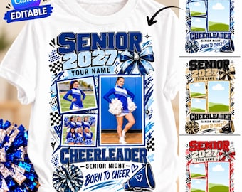 May include: A white t-shirt featuring a graphic design for a senior cheerleader. The print includes the text SENIOR 2027, YOUR NAME, CHEERLEADER, SENIOR NIGHT, and BORN TO CHEER, alongside photo frames, a blue bow, and a megaphone illustration.