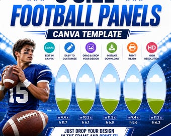 May include: A digital Canva template for 5 size football panels featuring a football player in a blue jersey, five oval frames with dimensions in inches, and text including 5 SIZE FOOTBALL PANELS, CANVA TEMPLATE, and JUST DROP YOUR DESIGN IN THE FRAME AND PRINT IT!