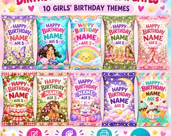 May include: Ten rectangular birthday chip bag templates featuring colorful illustrations of butterflies, mermaids, rainbows, fairies, ballet shoes, strawberries, horses, kittens, moon and stars, and ice cream, all with the text Happy Birthday Name Age 5.