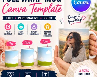 Editable Full Wrap Mug Canva Template | Personalized Mug Sublimation | Custom Mug Wrap