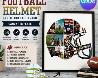 May include: A digital Canva template for a football helmet photo collage frame. The design features a black frame containing a helmet-shaped grid for multiple photos, with text overlays including FOOTBALL HELMET and various feature icons.