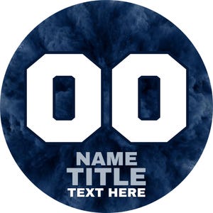 May include: A circular graphic featuring a dark navy blue smoke background with two large white numbers zero side by side. Below the numbers, the text reads NAME, TITLE, and TEXT HERE in a bold, sans-serif, light gray font style.