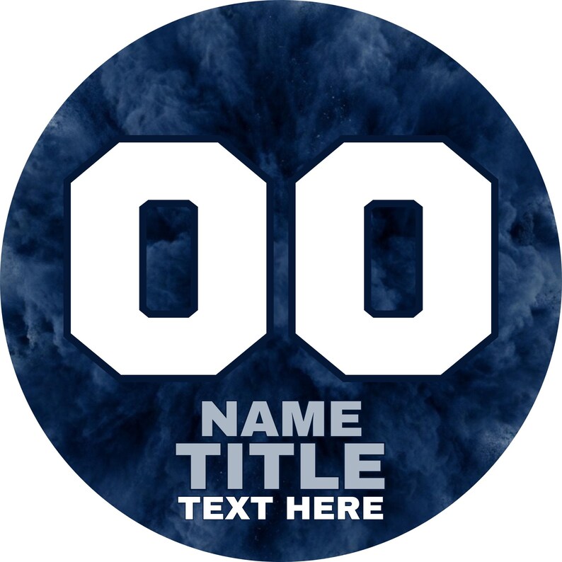 May include: A circular graphic featuring a dark navy blue smoke background with two large white numbers zero side by side. Below the numbers, the text reads NAME, TITLE, and TEXT HERE in a bold, sans-serif, light gray font style.