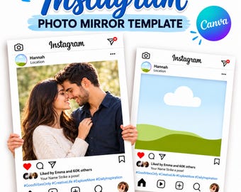 May include: Two Instagram photo mirror templates with white borders, featuring the Instagram logo, user profile placeholders, and social media icons. The templates include text fields for names, locations, and hashtags like #GoodVibesOnly, editable in Canva.
