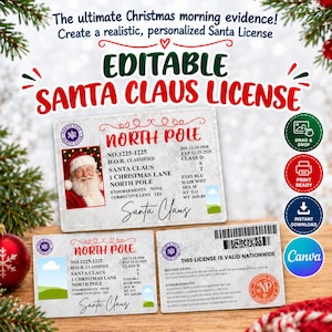 May include: An editable Santa Claus licence template featuring a North Pole identification card with a photo of Santa, personal details, and a signature. The design includes a barcode, official seals, and text stating the licence is valid nationwide.