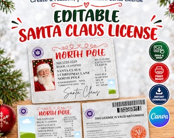 Puede incluir: Una plantilla editable de licencia de Santa Claus que presenta una tarjeta de identificación del Polo Norte con una foto de Santa, detalles personales y una firma. El diseño incluye un código de barras, sellos oficiales y texto.