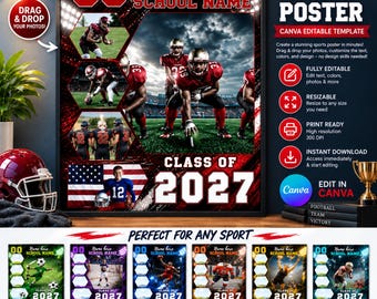 Pode incluir: Um modelo de cartaz esportivo digital com gráficos vermelhos e pretos, vários quadros para fotos de jogadores de futebol americano e o texto "CLASS OF 2027". O design inclui uma bandeira americana e campos editáveis.