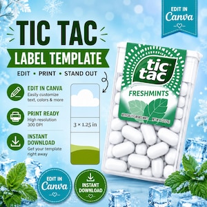 Tic Tac-etikettmall | Redigerbar Canva Mint-förpackningsomslag | (Digital nedladdning)