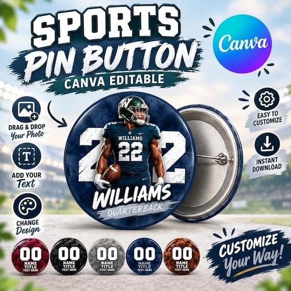 Sports Pin Button Canva Template | Editable Team Button Design | Game Day Pins | Digital Download