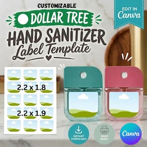 Peut inclure: Un modèle numérique pour étiquettes de désinfectant pour les mains Dollar Tree comprenant une feuille d'étiquettes rectangulaires avec des graphiques de paysage et deux flacons en plastique bleu sarcelle et rose avec une étiquette.