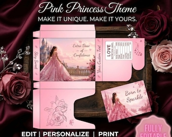 May include: An editable gum wrapper template featuring a pink princess theme. The design includes a castle illustration, a person in a pink gown, and text reading Extra Dose of Confidence, Love Nutrition Label, and Born to Sparkle.