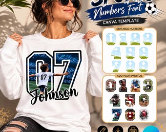 May include: A white sweatshirt featuring a graphic of a child in a sports jersey with the number 07 and the name Johnson. The design includes a stadium background. Beside the sweatshirt is a Canva template showing editable sports numbers.