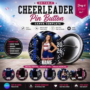 May include: A digital Canva template for a circular cheerleader pin button featuring a stadium background. The design includes text reading "EDITABLE CHEERLEADER Pin Button", "2026", "NAME", and "CHEERLEADER". It shows a cheerleader in a blue and white uniform.
