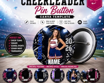 May include: A digital Canva template for a circular cheerleader pin button featuring a stadium background. The design includes text reading "EDITABLE CHEERLEADER Pin Button", "2026", "NAME", and "CHEERLEADER". It shows a cheerleader in a blue and white uniform.