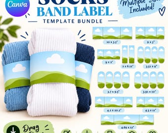 May include: A digital template bundle for socks band labels featuring text that reads SOCKS BAND LABEL TEMPLATE BUNDLE and Multiple Sizes Included. The image displays three pairs of ribbed socks wrapped in paper bands with a blue sky and green hill graphic, alongside various label size options with dimensions in inches.