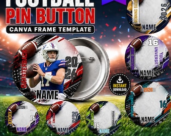 May include: A digital template for a round football pin button featuring a graphic of a quarterback in a blue jersey holding a football. The design includes placeholders for a name, the year 2026, and various football-themed graphic elements.